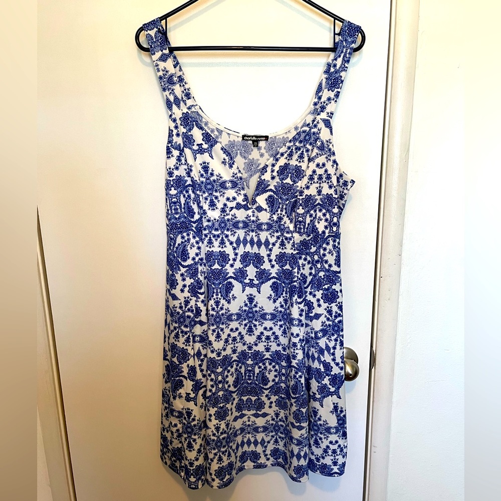 BOGO Charlotte Russe Mediterranean Damask Pattern Print Blue/White Dress Sz 2X